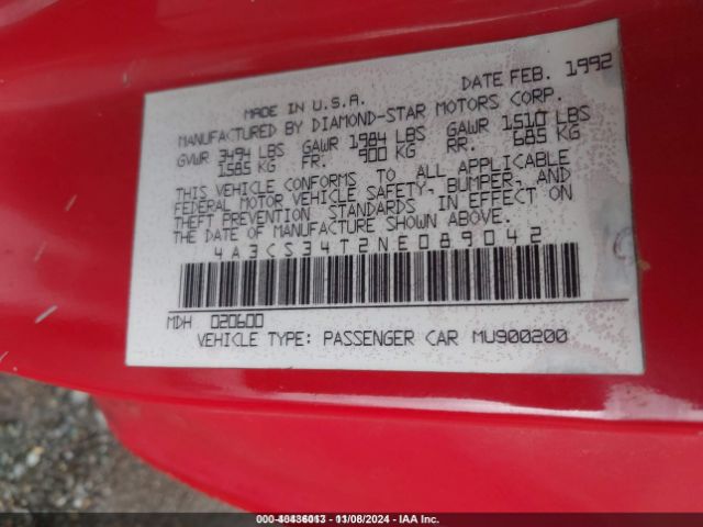 1992 MITSUBISHI ECLIPSE 4A3CS34T2NE089042 Photo 8