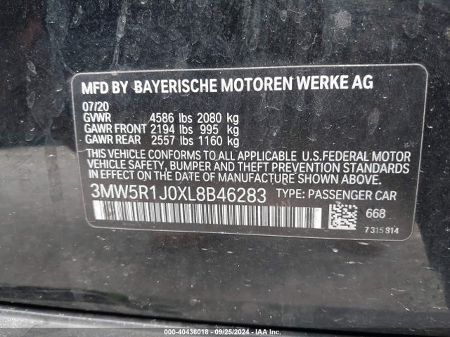 BMW 330I 2020 3MW5R1J0XL8B46283 Image 9