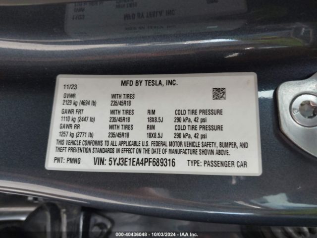 5YJ3E1EA4PF689316 Tesla Model 3 Rear-wheel Drive