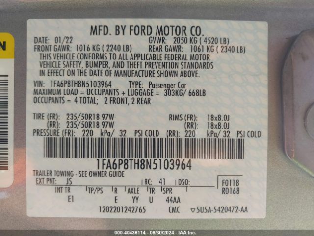 1FA6P8TH8N5103964 Ford Mustang Ecoboost Premium Fastback
