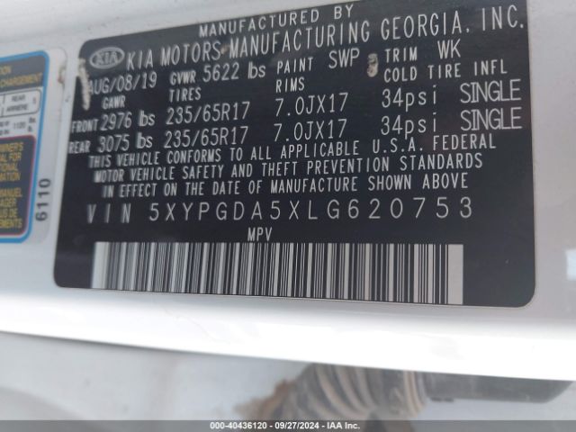 5XYPGDA5XLG620753 KIA Sorento 3.3l Lx