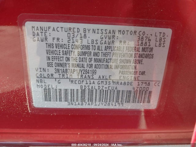 Nissan SENTRA SV 2018 3N1AB7AP1JY284199 Image 9