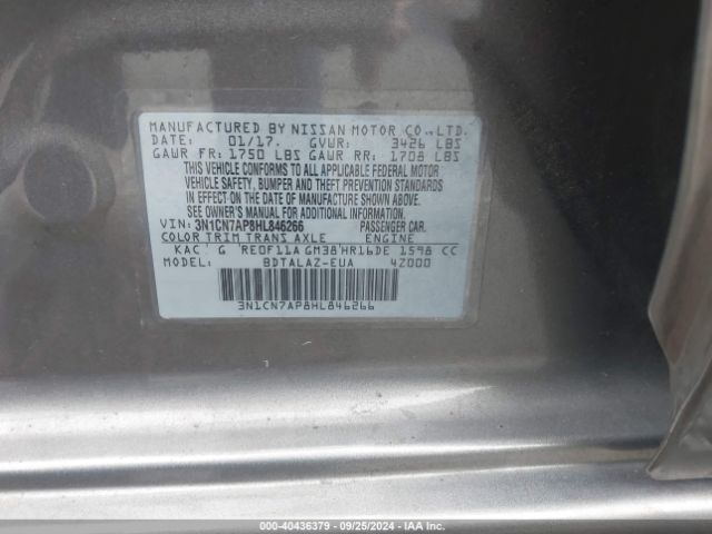 3N1CN7AP8HL846266 Nissan Versa 1.6 S+