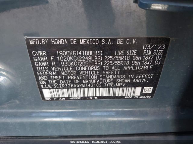 3CZRZ2H55PM743182 Honda Hr-v Awd Sport