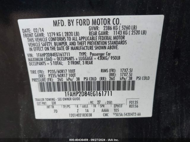 1FAHP2D84EG161711 Ford TAURUS SE