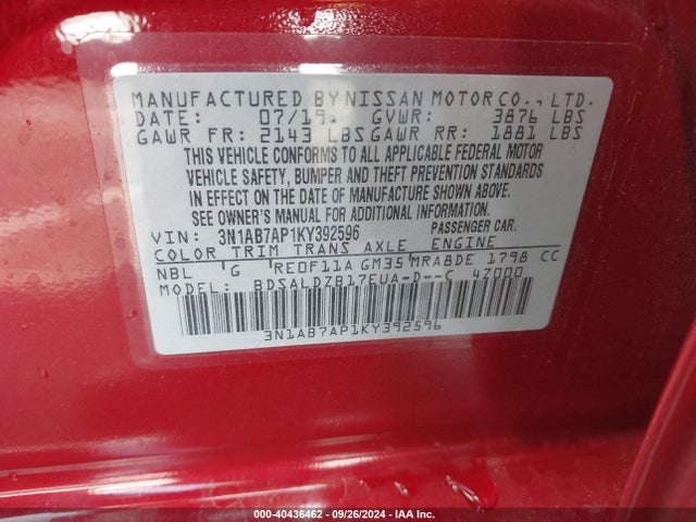 Nissan SENTRA SV 2019 3N1AB7AP1KY392596 Image 9