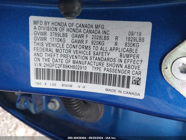 Продаж на аукціоні авто 2019 Honda Civic Sport, vin: 2HGFC2F89KH602910, номер лоту: 40436464