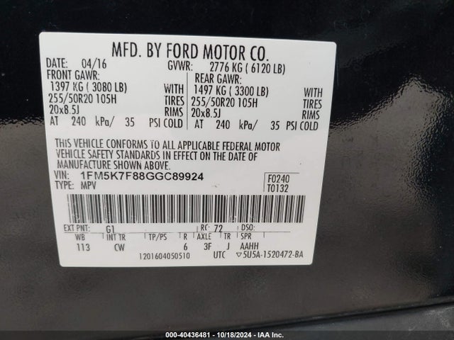 Ford Explorer Limited 2016 1FM5K7F88GGC89924 Image 9