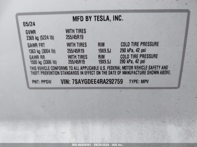 2024 TESLA MODEL Y 7SAYGDEE4RA292759 Photo 8