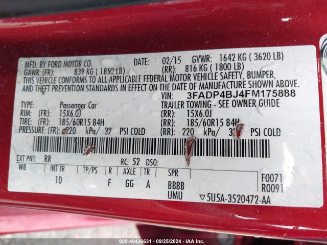 Ford FIESTA SE 2015 3FADP4BJ4FM175888 Image 9
