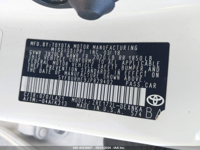 5YFBURHE9JP829402 Toyota Corolla Xle