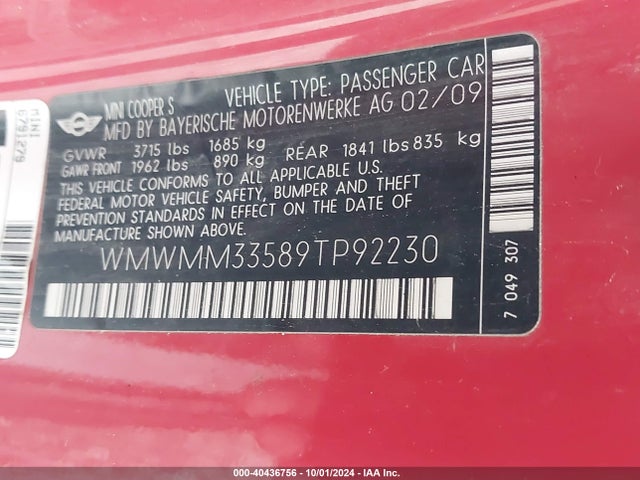 2009 MINI COOPER S CLUBMAN WMWMM33589TP92230 Photo 8