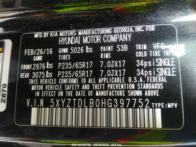 5XYZTDLB0HG397752 Hyundai Santa Fe Sport 2.4l