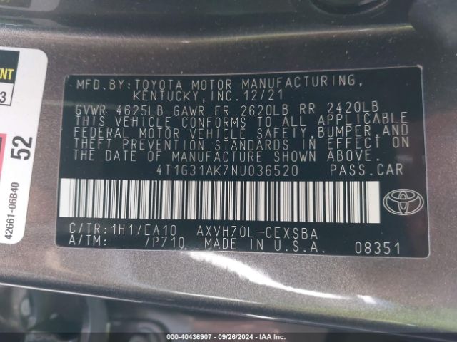 4T1G31AK7NU036520 Toyota Camry Se Hybrid