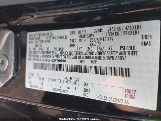 Ford Escape Titanium 2017 1FMCU0J98HUE76690 Image 9