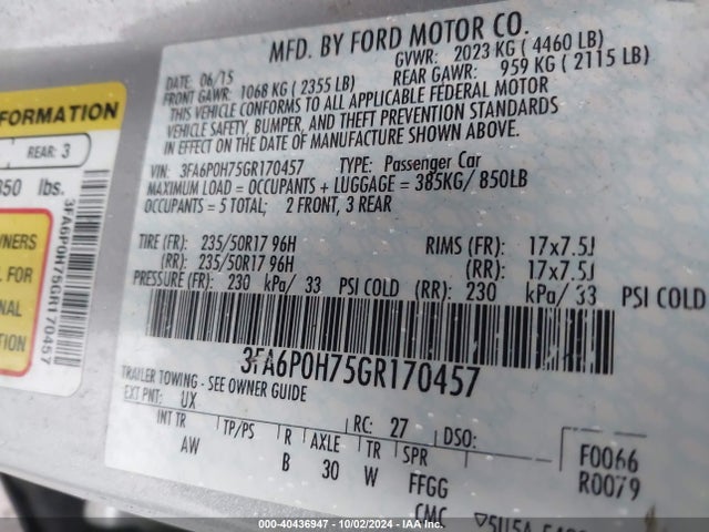 Ford FUSION SE 2016 3FA6P0H75GR170457 Image 9