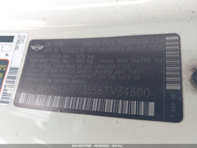 2008 MINI COOPER S WMWMF73558TV34800 Photo 8