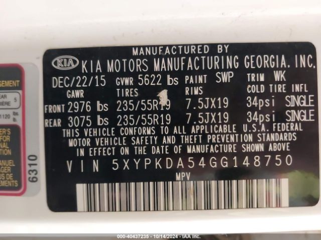 5XYPKDA54GG148750 KIA Sorento 3.3l Sxl