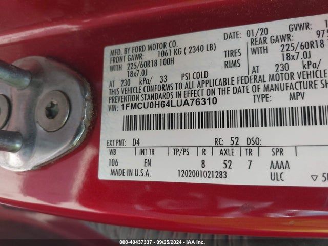 Ford ESCAPE SEL 2020 1FMCU0H64LUA76310 Image 9