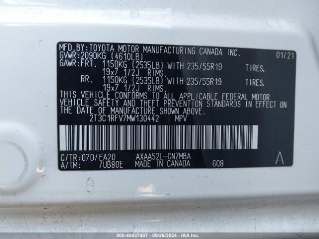 2T3C1RFV7MW130442 Toyota Rav4 Xle Premium
