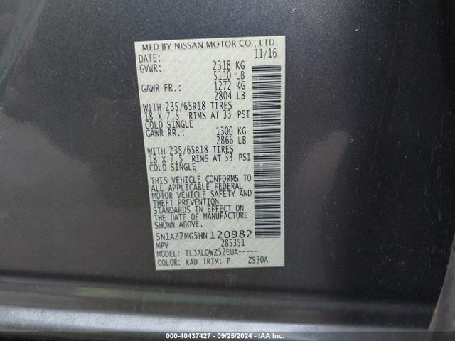 Nissan MURANO SV 2017 5N1AZ2MG5HN120982 Image 9