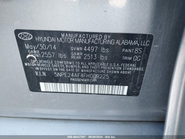 2015 Hyundai Sonata Se მანქანა იყიდება აუქციონზე, vin: 5NPE24AF4FH009225, აუქციონის ნომერი: 40437507