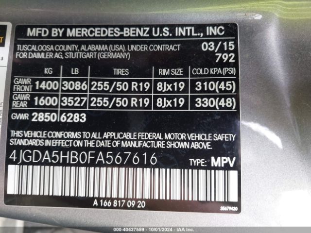 4JGDA5HB0FA567616 Mercedes-Benz Ml 350 4matic