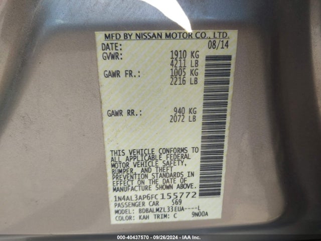 Nissan Altima 2.5 Sv 2015 1N4AL3AP6FC155772 Image 9