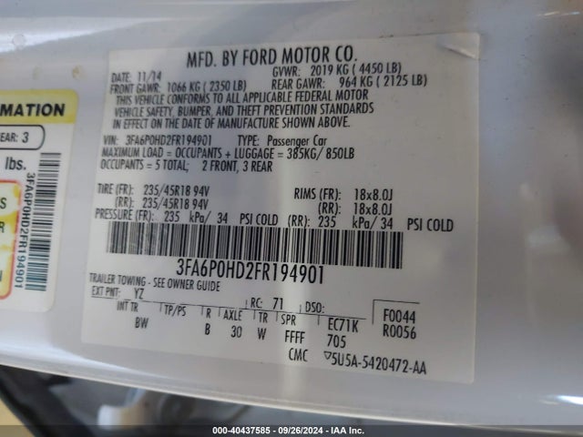 Ford FUSION SE 2015 3FA6P0HD2FR194901 Image 9