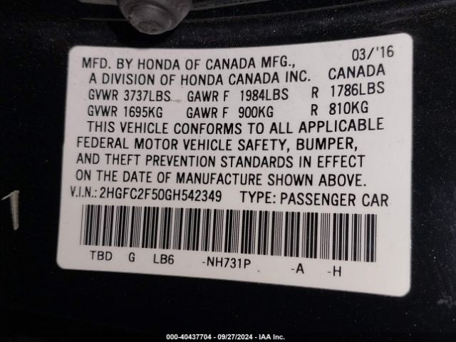 Honda Civic Lx 2016 2HGFC2F50GH542349 Image 9