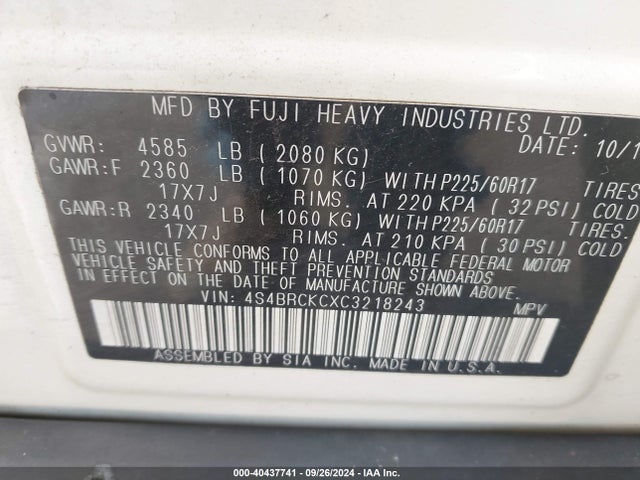 Продаж на аукціоні авто 2012 Subaru Outback 2.5i Limited, vin: 4S4BRCKCXC3218243, номер лоту: 40437741