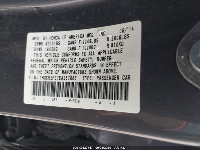 Honda ACCORD LX 2014 1HGCR2F37EA257868 Image 9