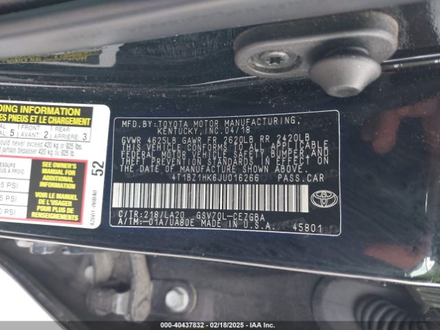 4T1BZ1HK6JU016266 Toyota Camry Xle V6