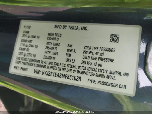 5YJ3E1EA8MF851038 Tesla Model 3 Standard Range Plus Rear-wheel Drive