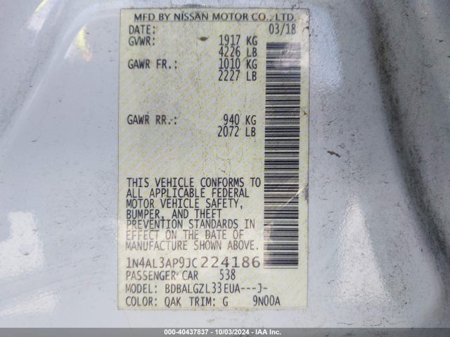 Nissan Altima 2.5 S 2018 1N4AL3AP9JC224186 Image 9