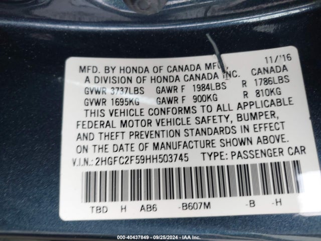 Honda Civic Lx 2017 2HGFC2F59HH503745 Image 9