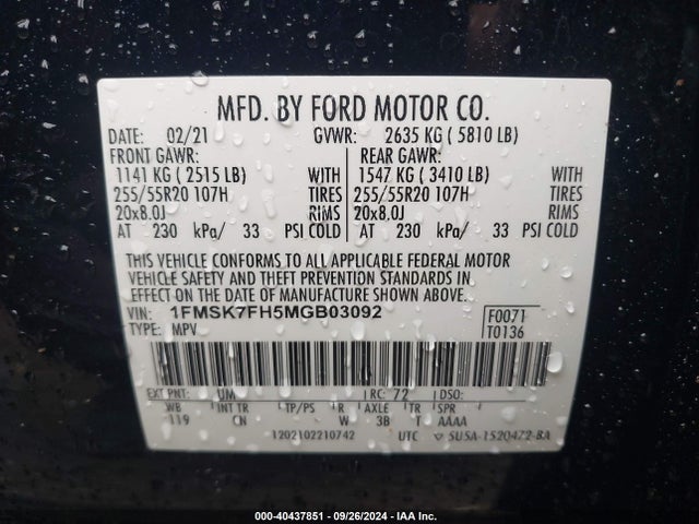 Ford Explorer Limited 2021 1FMSK7FH5MGB03092 Image 9