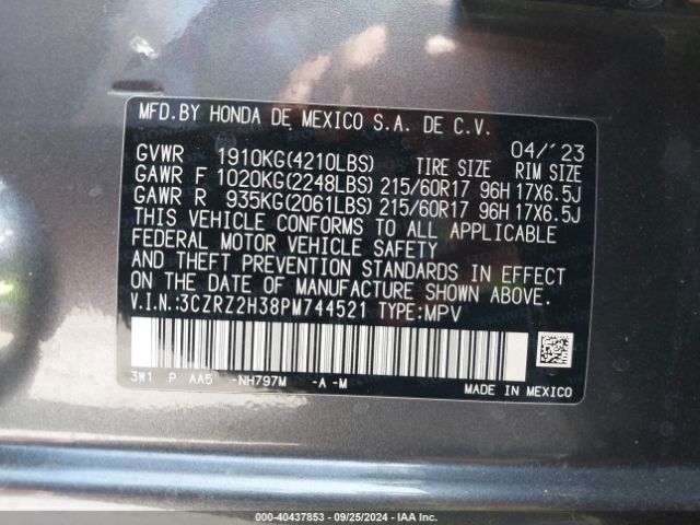 3CZRZ2H38PM744521 Honda Hr-v Awd Lx