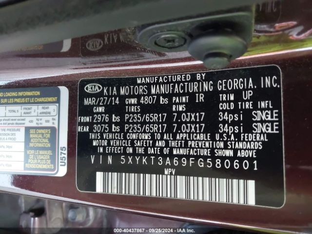 5XYKT3A69FG580601 KIA SORENTO LX