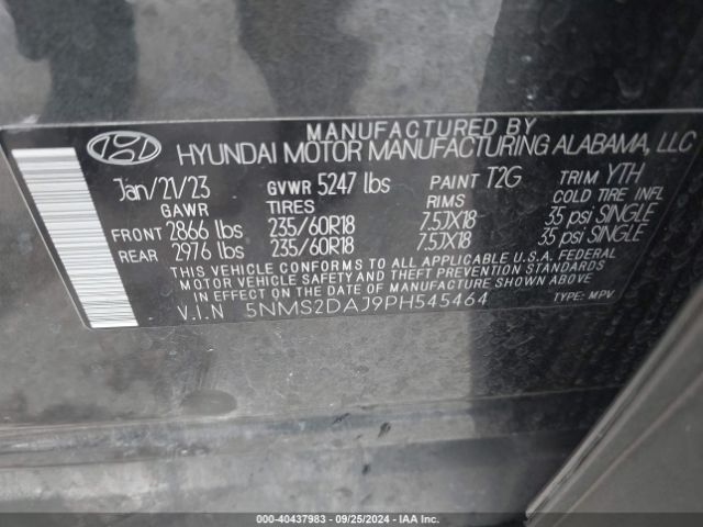 5NMS2DAJ9PH545464 Hyundai Santa Fe Sel
