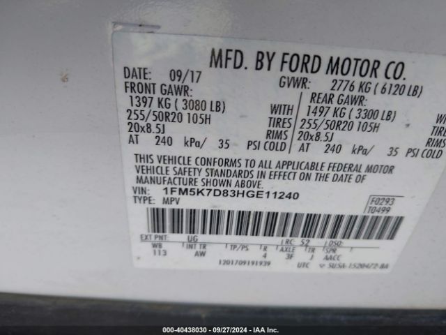 1FM5K7D83HGE11240 Ford EXPLORER XLT