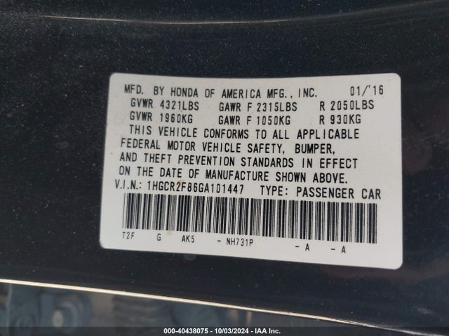 Honda Accord Ex-l 2016 1HGCR2F86GA101447 Image 9