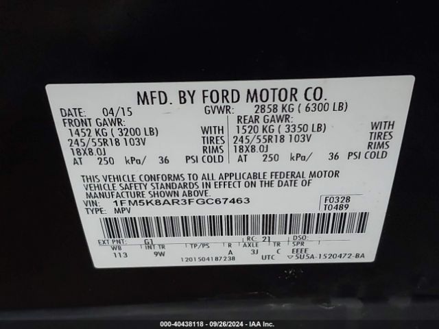 1FM5K8AR3FGC67463 Ford Utility Police Interceptor
