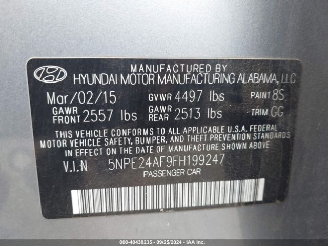 5NPE24AF9FH199247 Hyundai SONATA SE