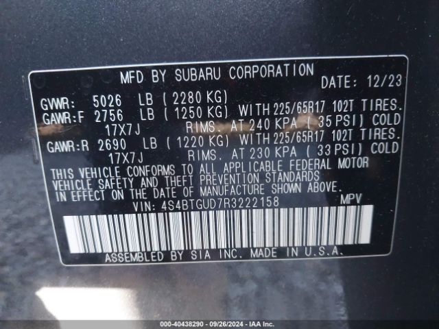 4S4BTGUD7R3222158 Subaru Outback Wilderness