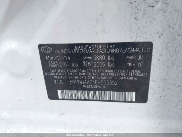 5NPDH4AE4EH505352 Hyundai ELANTRA SE