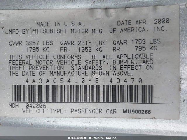 2000 MITSUBISHI ECLIPSE 4A3AC54L0YE149470 Photo 8