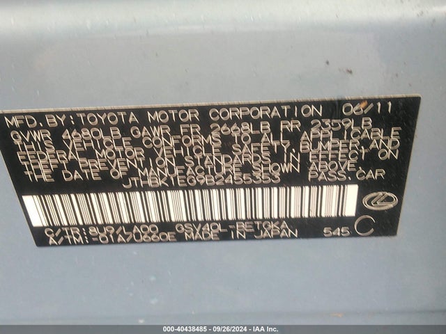 Aukcja sprzedaży 2011 Lexus Es 350, vin: JTHBK1EG9B2455353, numer aukcji: 40438485
