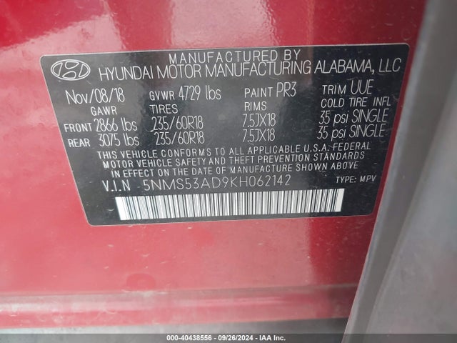 Hyundai Santa Fe Ultimate 2019 5NMS53AD9KH062142 Image 9