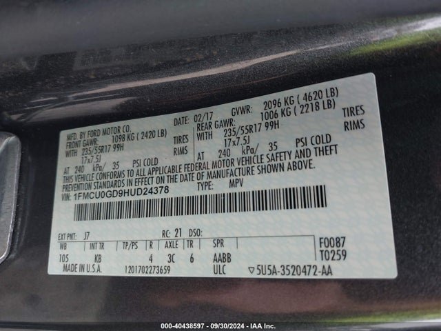 Ford ESCAPE SE 2017 1FMCU0GD9HUD24378 Image 9